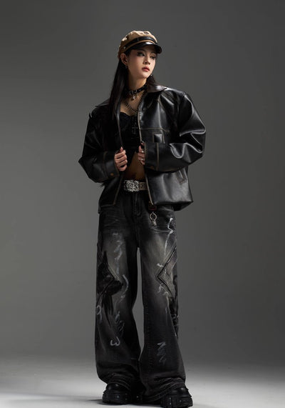 【NOMANIAI 】Blood Darkness Design Color Flame Wide Denim Pants  NA0004