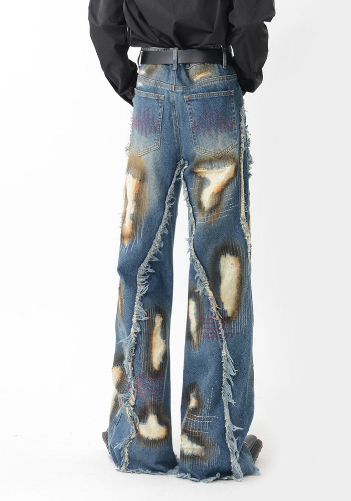 【LUCE GARMENT】Point distressed design, muted color, wide straight denim pants  LG0058