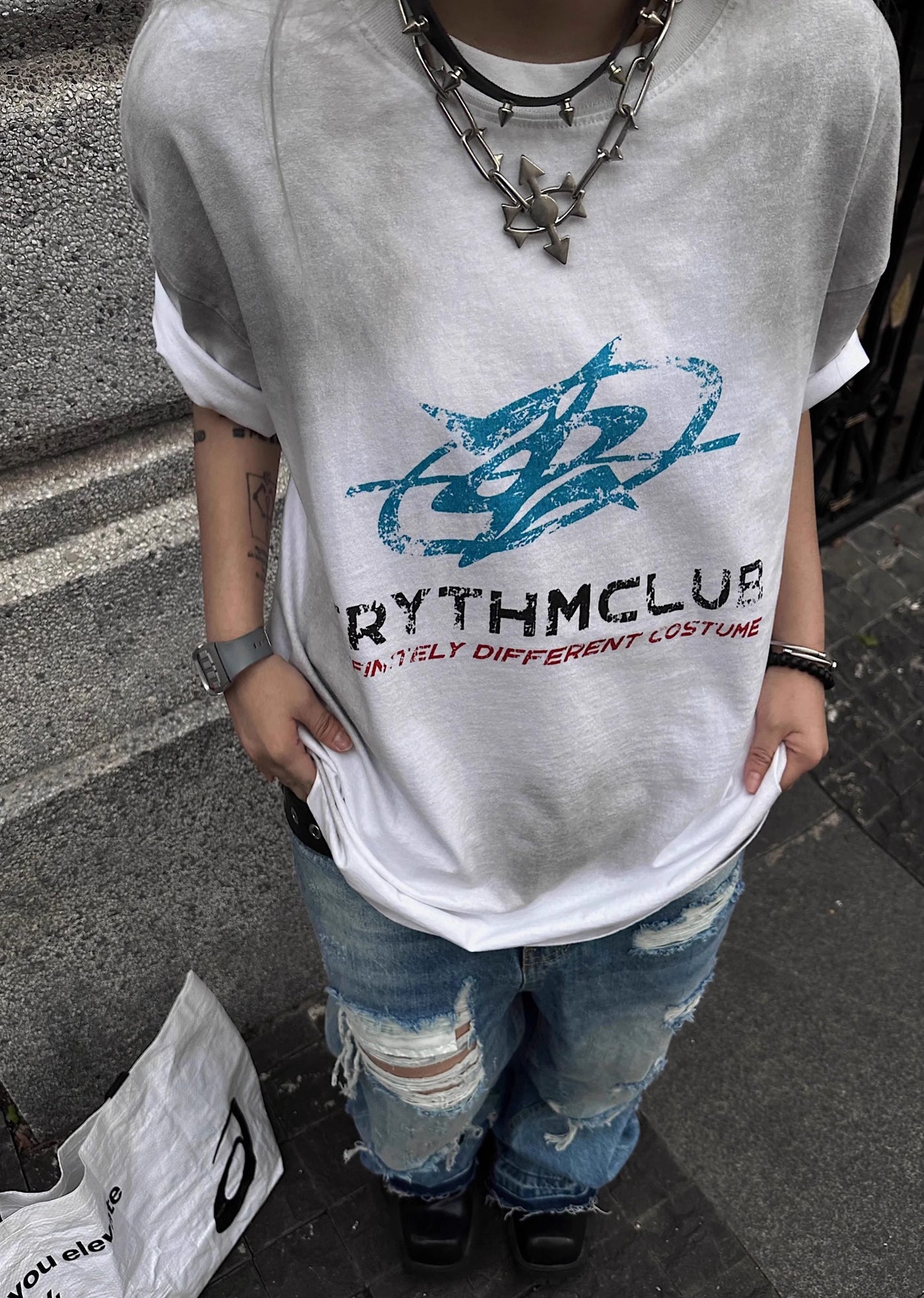 【TR BRUSHSHIFT】Point initial logo grunge style design short sleeve T-shirt  TB0048