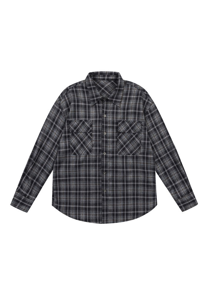 【W3】Basic dark color check pattern design long sleeve shirt  WO0085