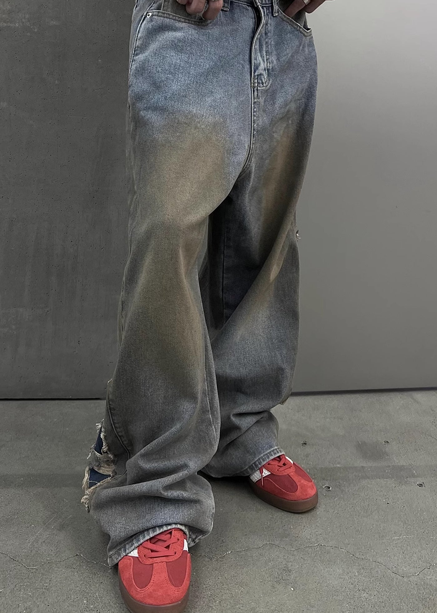 【SOULWORKER】Dull wash finish soil stain color wide denim pants  SW0023