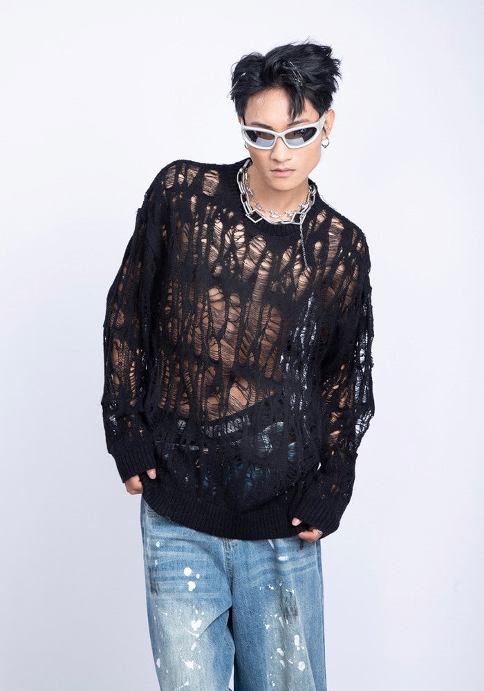 【PLAN1ONE】Mesh-like fully distressed accent fleur knit sweater  PL0044