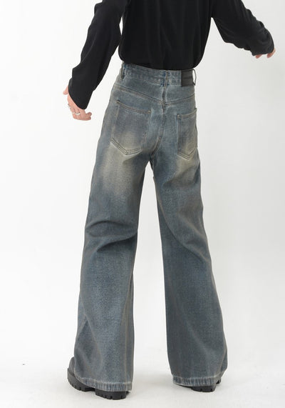 【LUCE GARMENT】Full line design dark dull design wide flare denim pants  LG0059