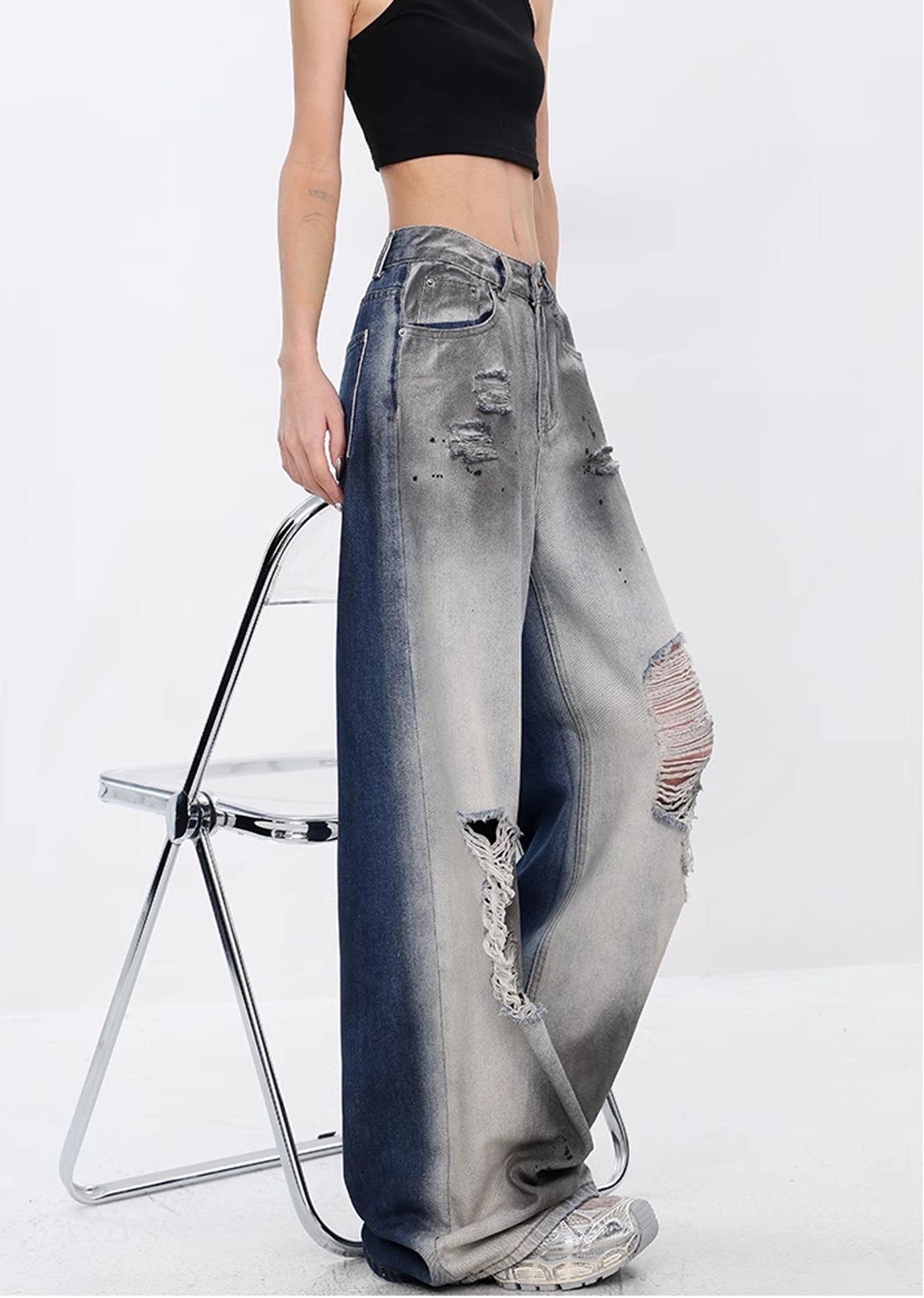 【Ken studio】Side wash line two-tone wide damaged denim pants  KS0006