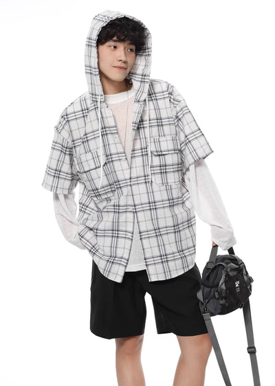 【Future Boy】Pastel coloring regular check pattern hoodie short sleeve shirt  FB0006