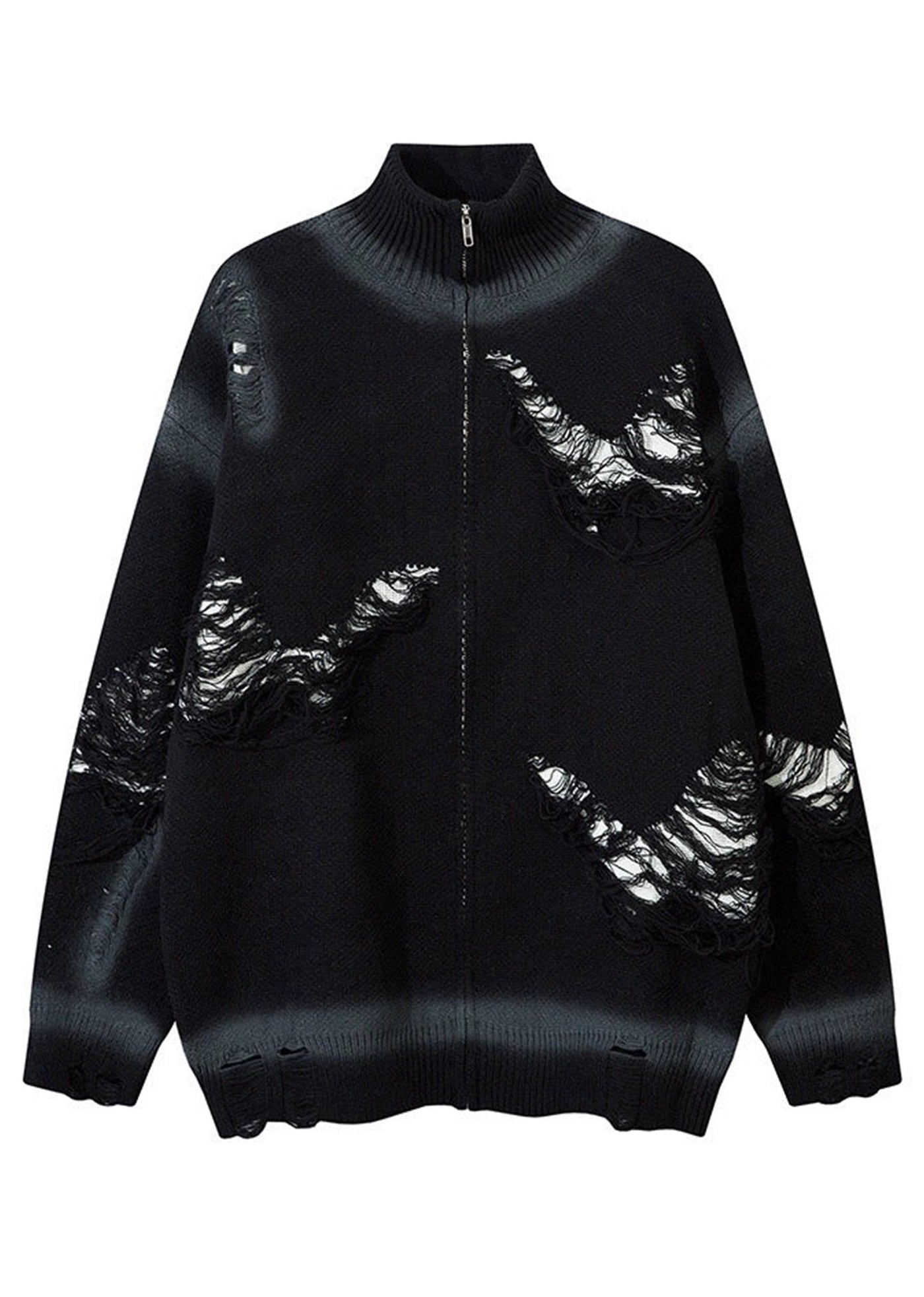 【Mz】High neck mid-wash distressed full zip knit sweater  MZ0056