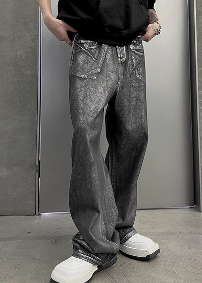 【SOULWORKER】Dark grey glossy design wide flare style denim pants  SW0030