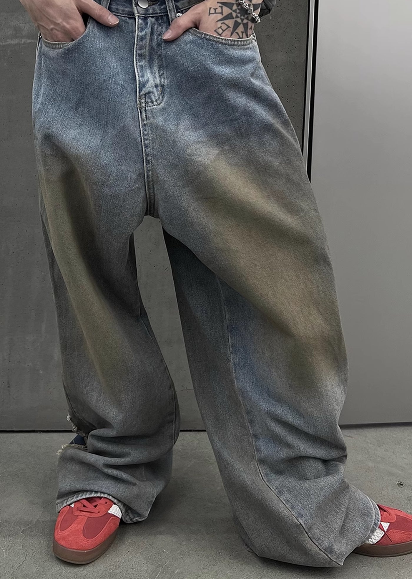 【SOULWORKER】Dull wash finish soil stain color wide denim pants  SW0023