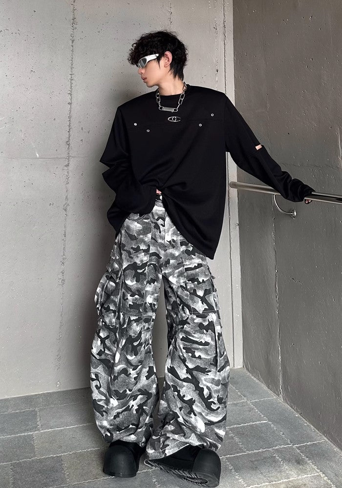 【MARTHENAUT】Dark monotone camouflage color design wide cargo pants  MH0039