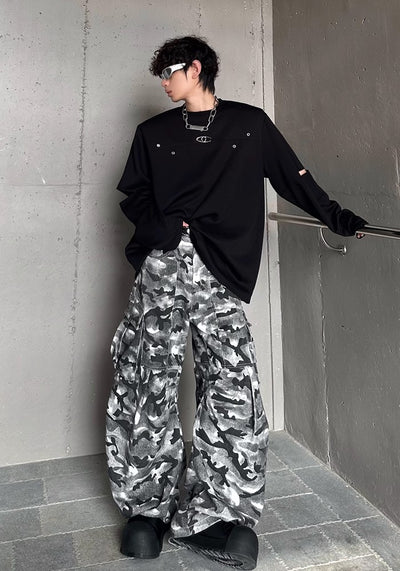 【MARTHENAUT】Dark monotone camouflage color design wide cargo pants  MH0039