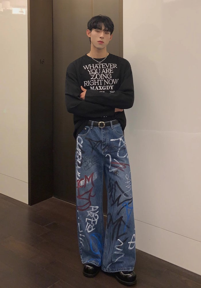 【CUIBUJU】Countless graffiti design casual street wide denim pants  CB0052