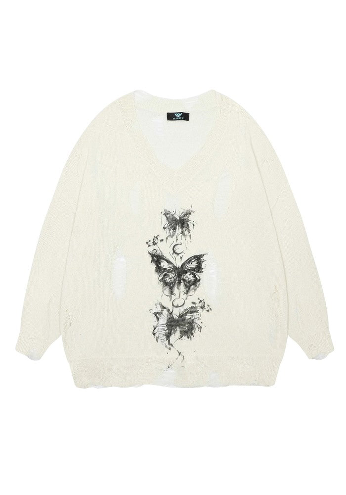 【TR BRUSHSHIFT】Mid-length distressed butterfly design sheer knit  TB0051