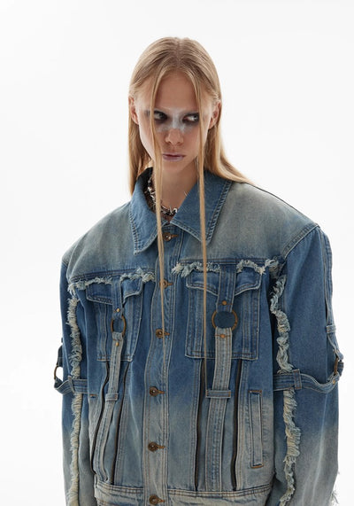 【Culture E】Washed distressed gimmick silhouette design denim jacket  CE0159