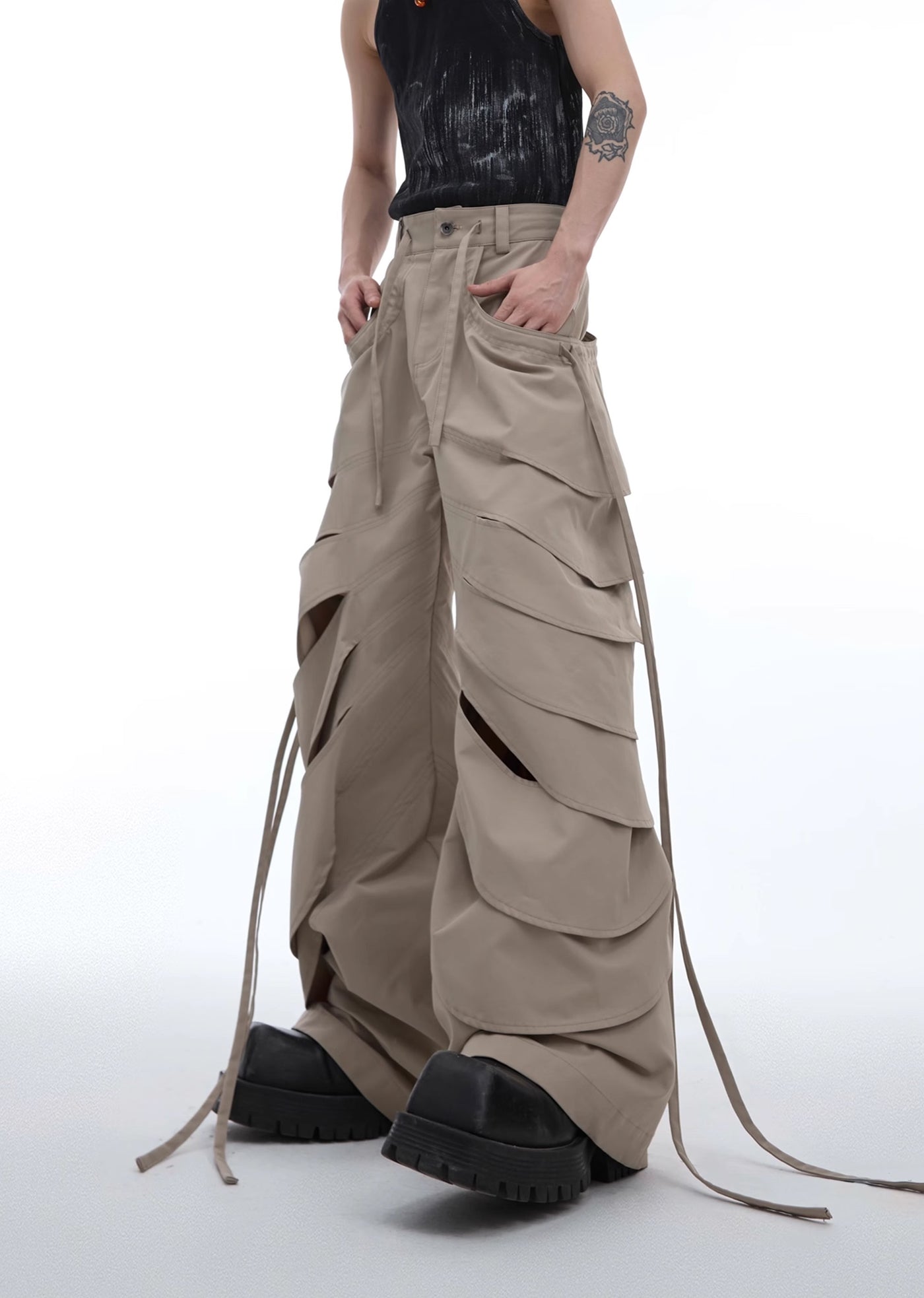 【Culture E】Countless Cut Wide silhouette multi-varied design slacks leather pants  CE0145