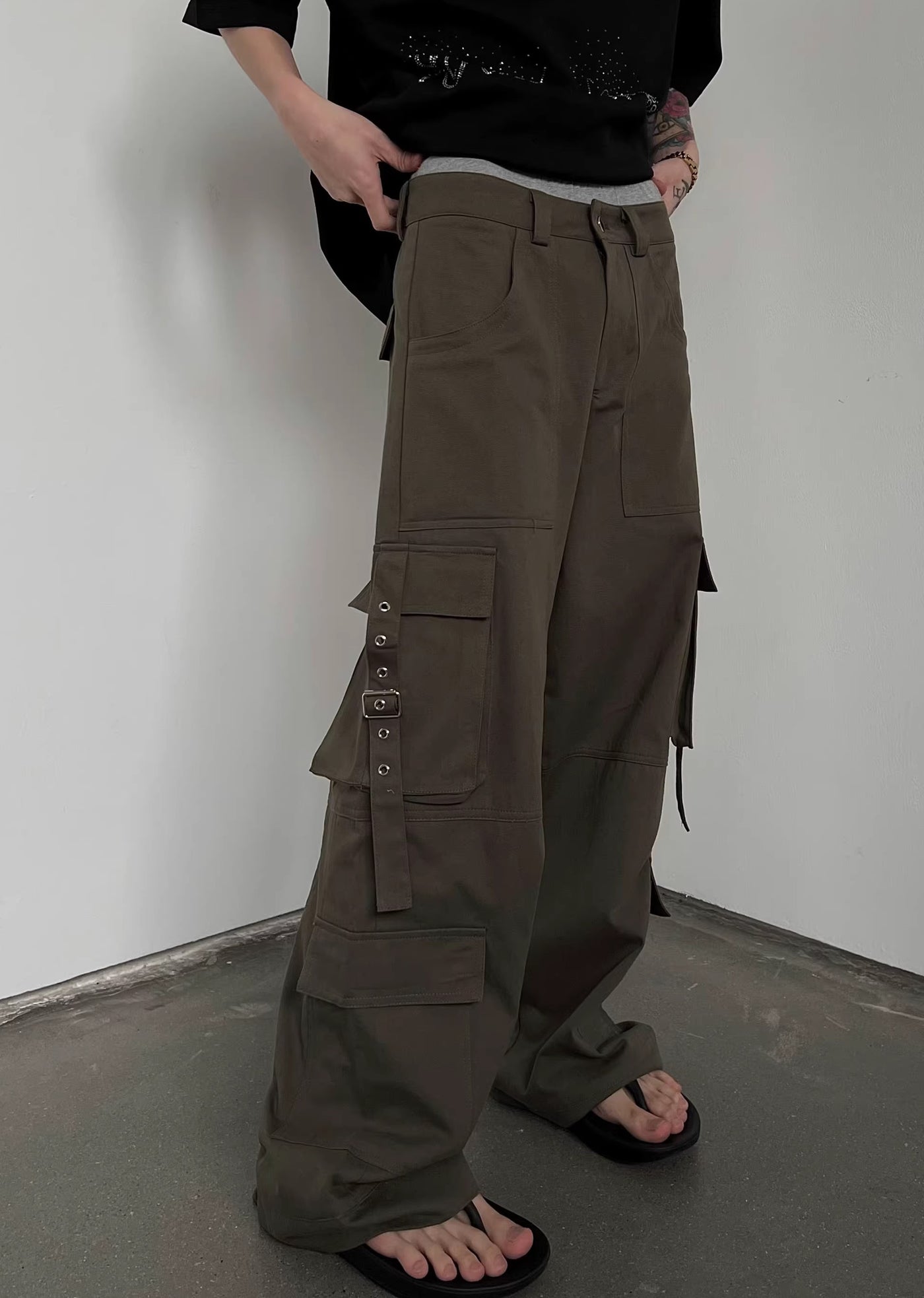 【SOULWORKER】Side suspender design wide style loose cargo pants  SW0029