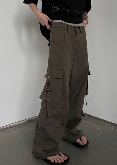 【SOULWORKER】Side suspender design wide style loose cargo pants  SW0029