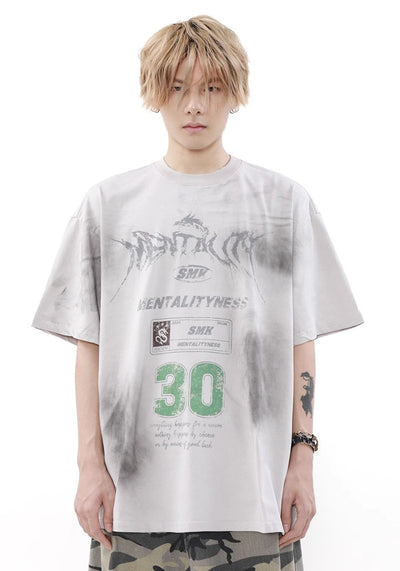 【MR nearly】Grunge wash multi-point initial design short sleeve T-shirt  MR0120