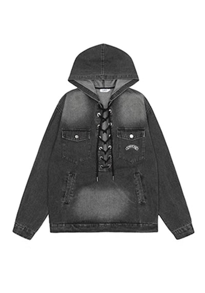 【BLACK BB】V-neck sewing design wide wash collar hoodie  BK0047