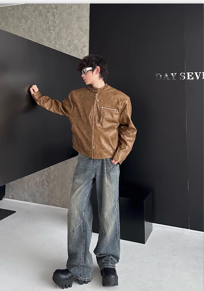 【MARTHENAUT】Basic design high neck silhouette synthetic leather jacket  MH0038