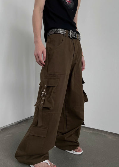 【SOULWORKER】Side suspender design wide style loose cargo pants  SW0029