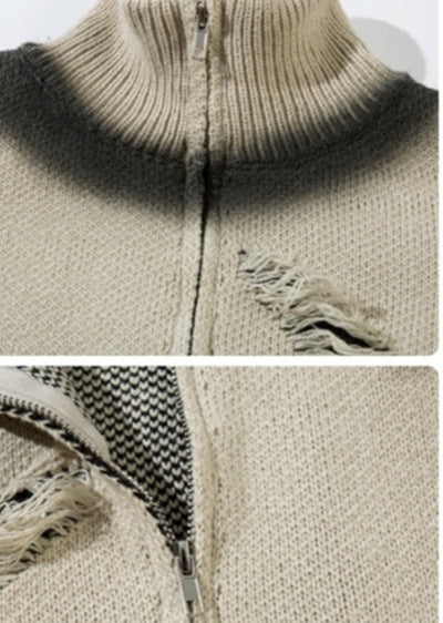 【Mz】High neck mid-wash distressed full zip knit sweater  MZ0056