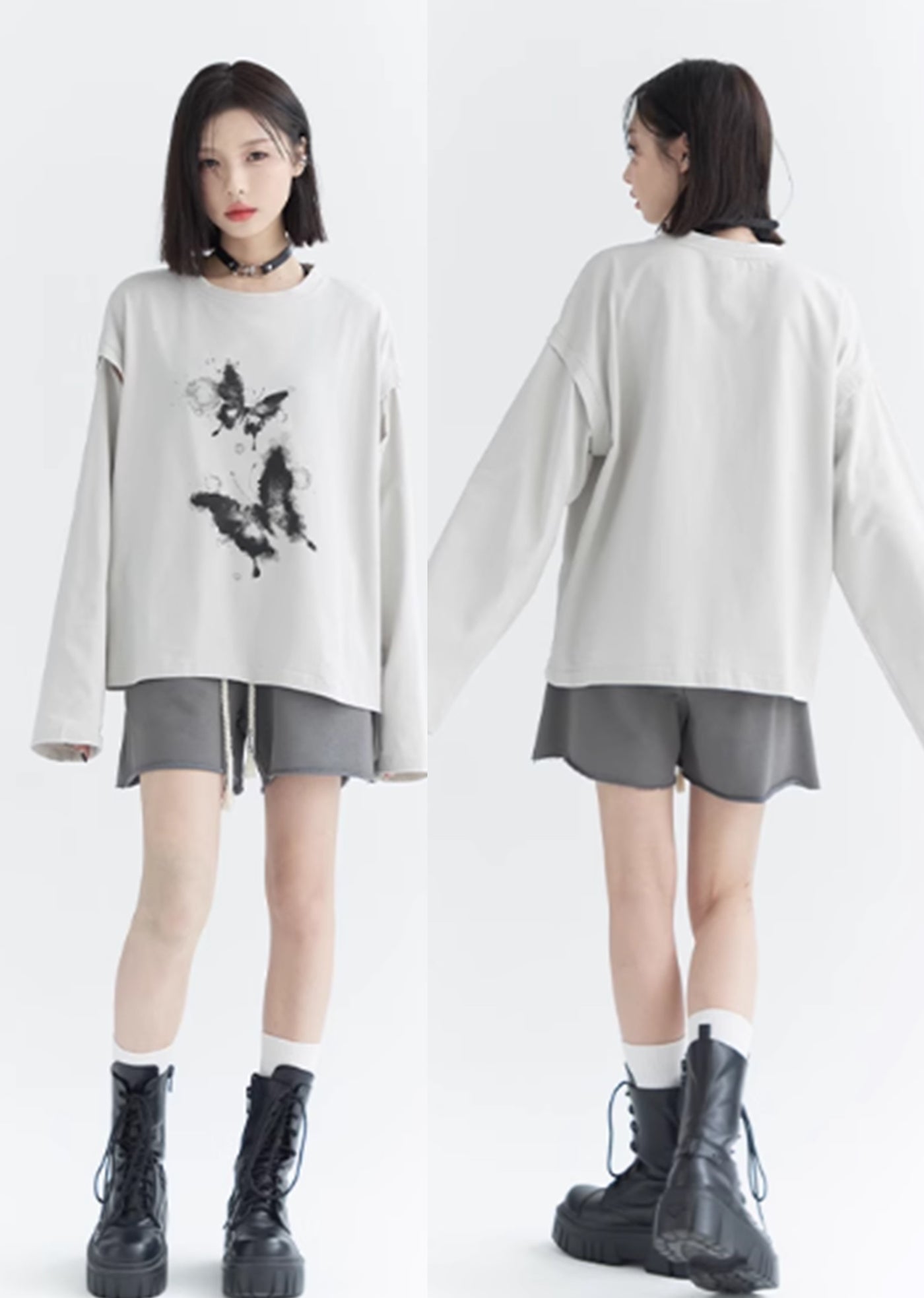 【Universal Gravity Museum】Two butterfly design simple monotone long sleeve T-shirt  UG0040
