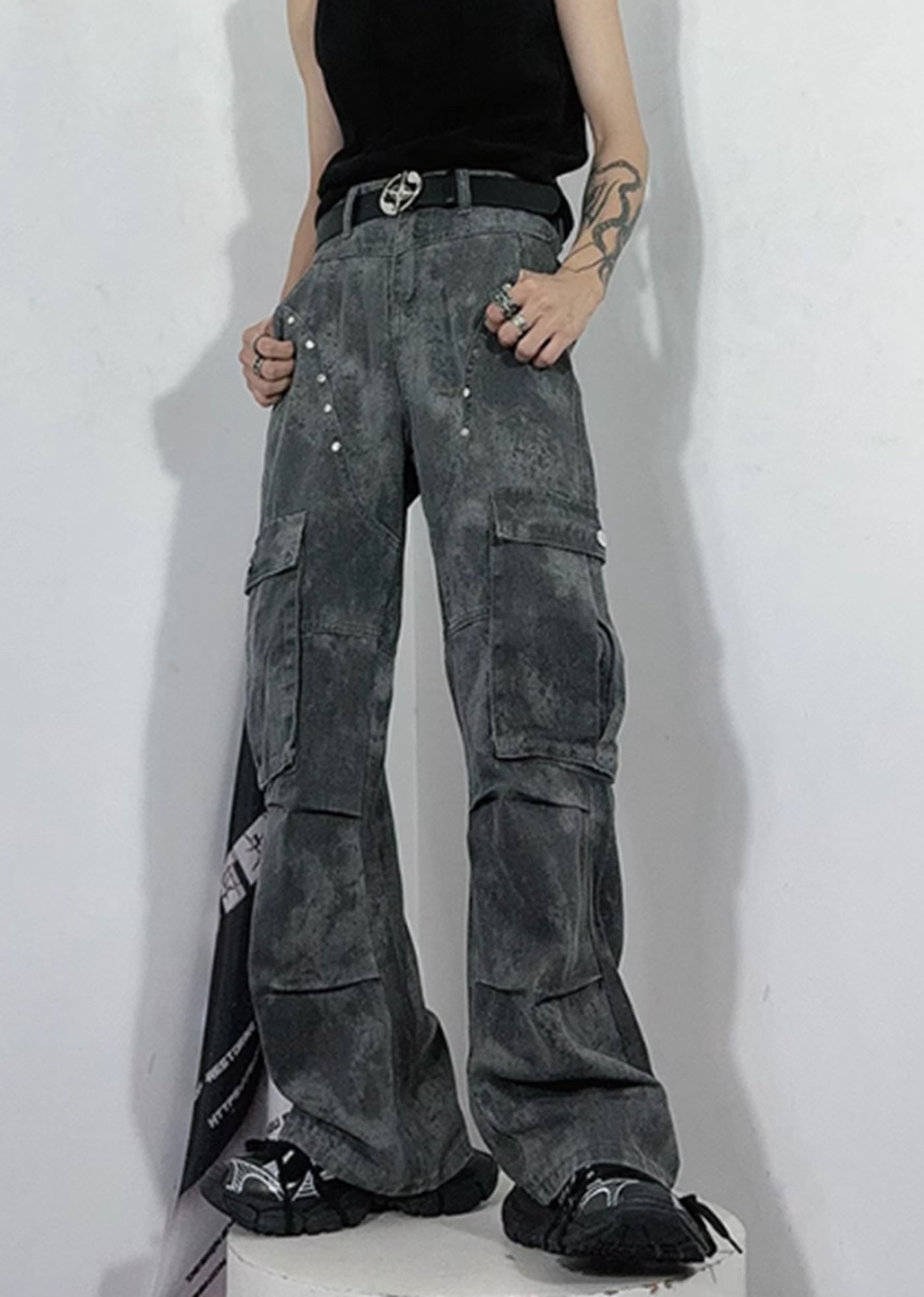 【76street】Dull grunge style vintage processed slim cargo denim pants  ST0003