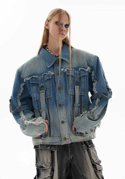 【Culture E】Washed distressed gimmick silhouette design denim jacket  CE0159