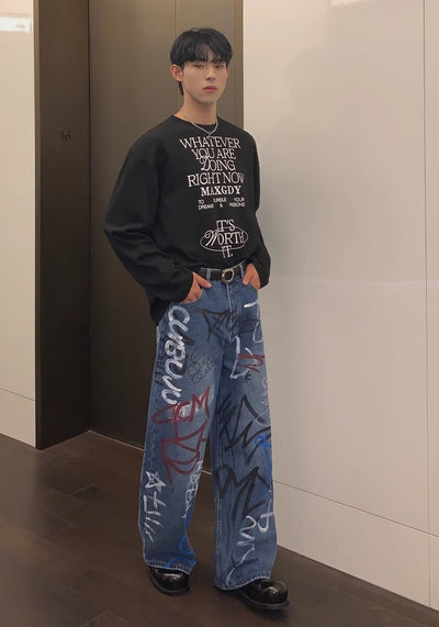 【CUIBUJU】Countless graffiti design casual street wide denim pants  CB0052