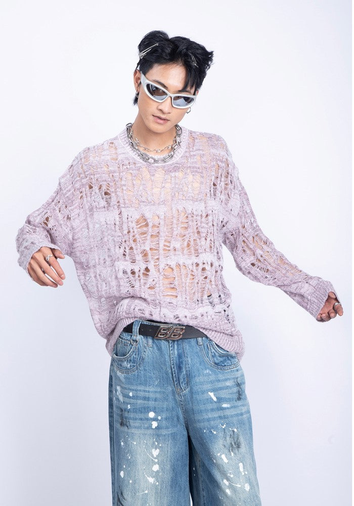 【PLAN1ONE】Mesh-like fully distressed accent fleur knit sweater  PL0044