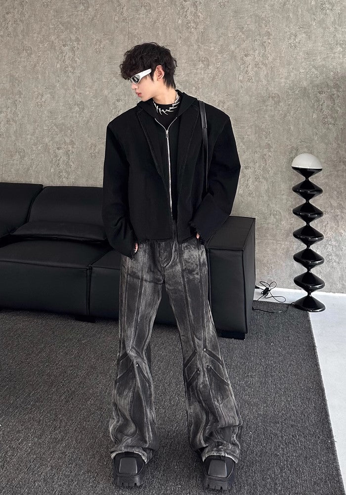 【MARTHENAUT】Random wash dark black flared wide denim pants  MH0043