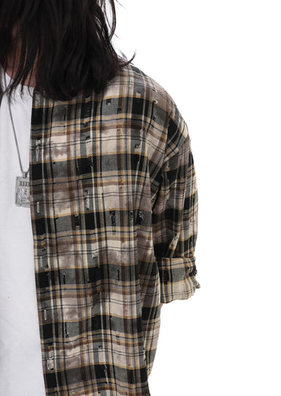 【GIBBYCNA】Random damage regular check pattern design long sleeve shirt  GC0012