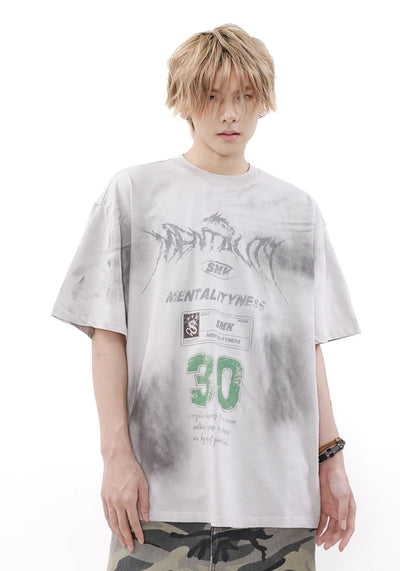 【MR nearly】Grunge wash multi-point initial design short sleeve T-shirt  MR0120