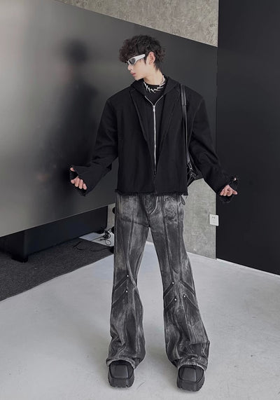 【MARTHENAUT】Random wash dark black flared wide denim pants  MH0043