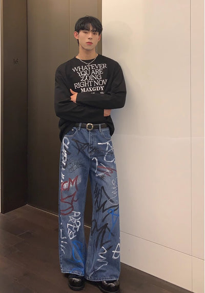 【CUIBUJU】Countless graffiti design casual street wide denim pants  CB0052