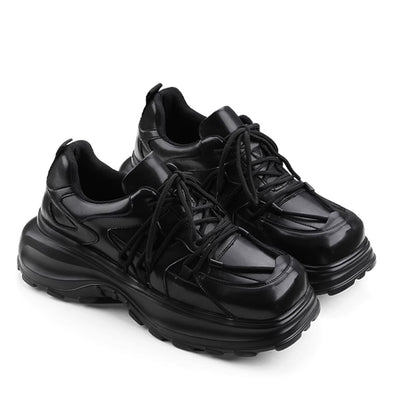 【7/1新作】Simple black color thick sole silhouette leather sneakers  HL3054