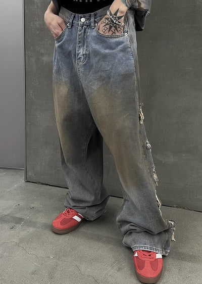 【SOULWORKER】Dull wash finish soil stain color wide denim pants  SW0023