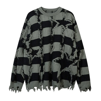 【NIHAOHAO】Fully distressed vintage star pattern knit sweater  NH0163