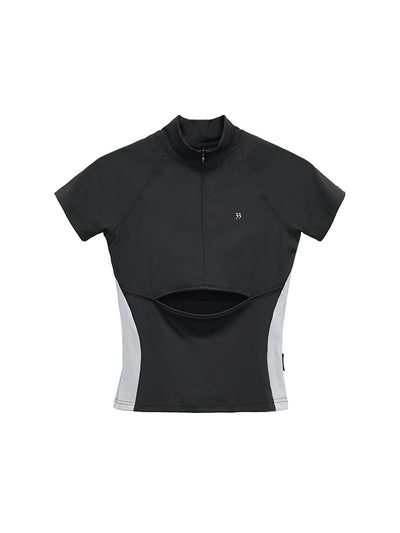 【FUZZYKON】Stand collar half zipper color scheme short sleeve T-shirt FK0016