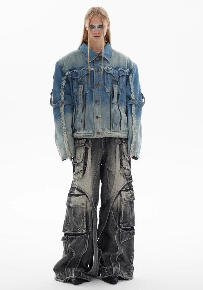 【Culture E】Washed distressed gimmick silhouette design denim jacket  CE0159