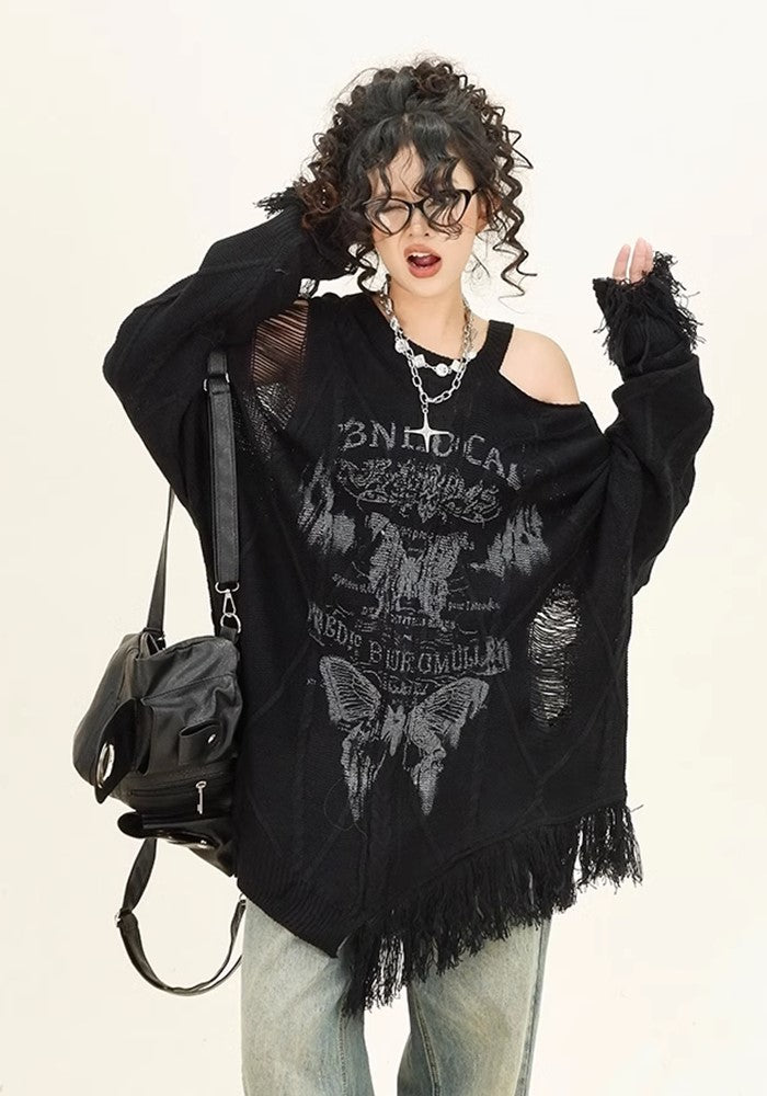 【10/21新作】Butterfly grunge front design fully distressed knit  HL3096