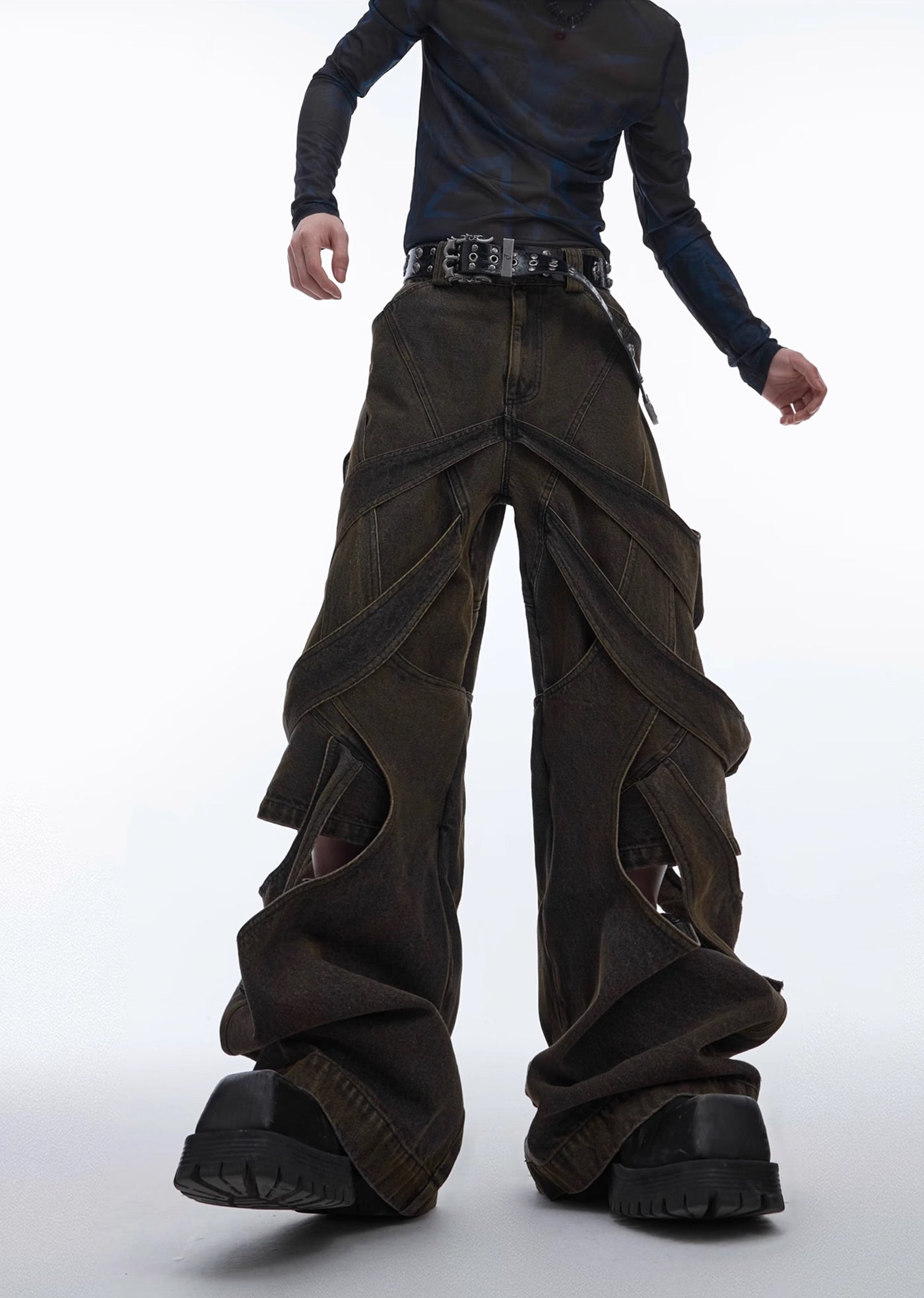 【Culture E】Dull wash cross infinity design denim wide pants  CE0146