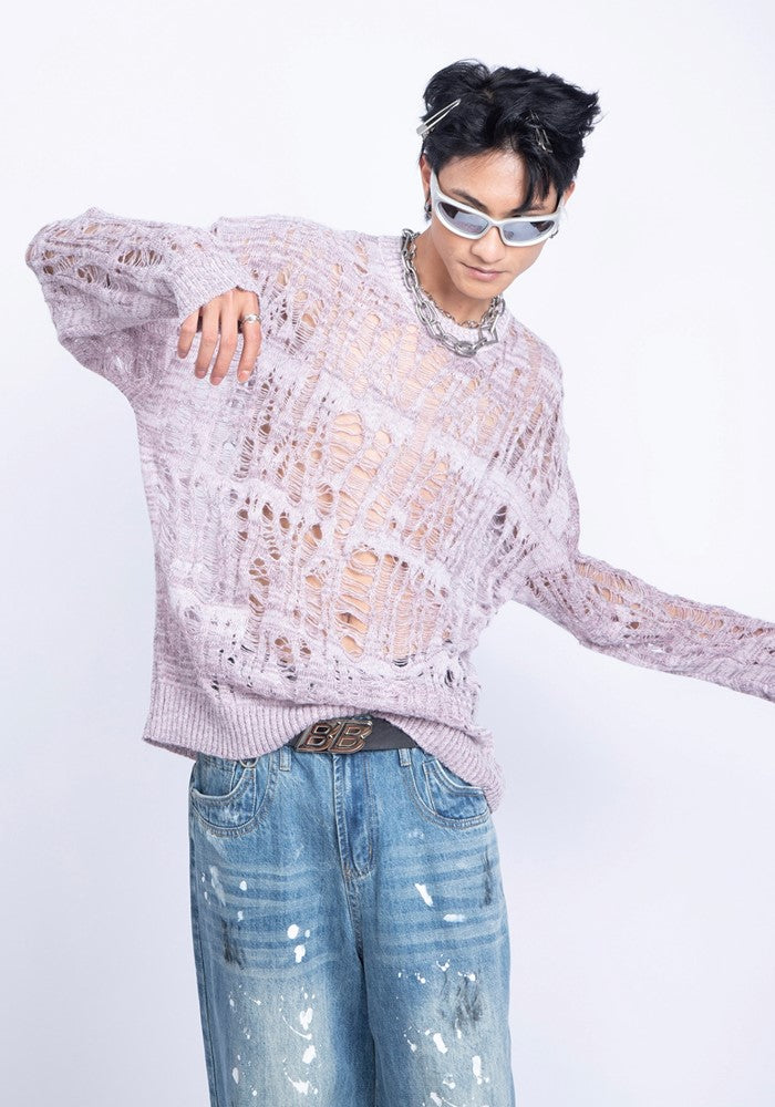 【PLAN1ONE】Mesh-like fully distressed accent fleur knit sweater  PL0044