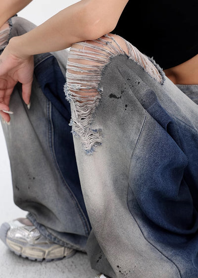 【Ken studio】Side wash line two-tone wide damaged denim pants  KS0006