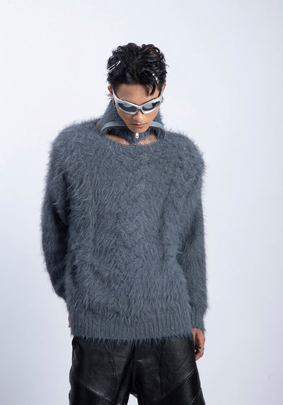 【PLAN1ONE】Mohair-like soft design dull color base knit sweater  PL0048