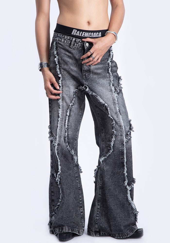 【PLAN1ONE】Double fringe distressed design washed denim pants  PL0047