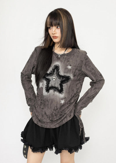 【ZERO STORE】Grunge dull star design messy long sleeve T-shirt  ZS0048