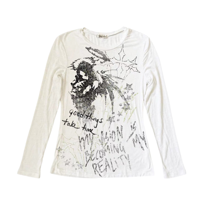 【6/10新作】Art Illustration Design Monochrome Color Y2K Tight Silhouette Long Sleeve T-Shirt  HL3277