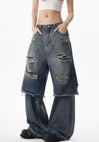 【H GANG X】Mid-length distressed half-docking layered style denim pants  HX0102