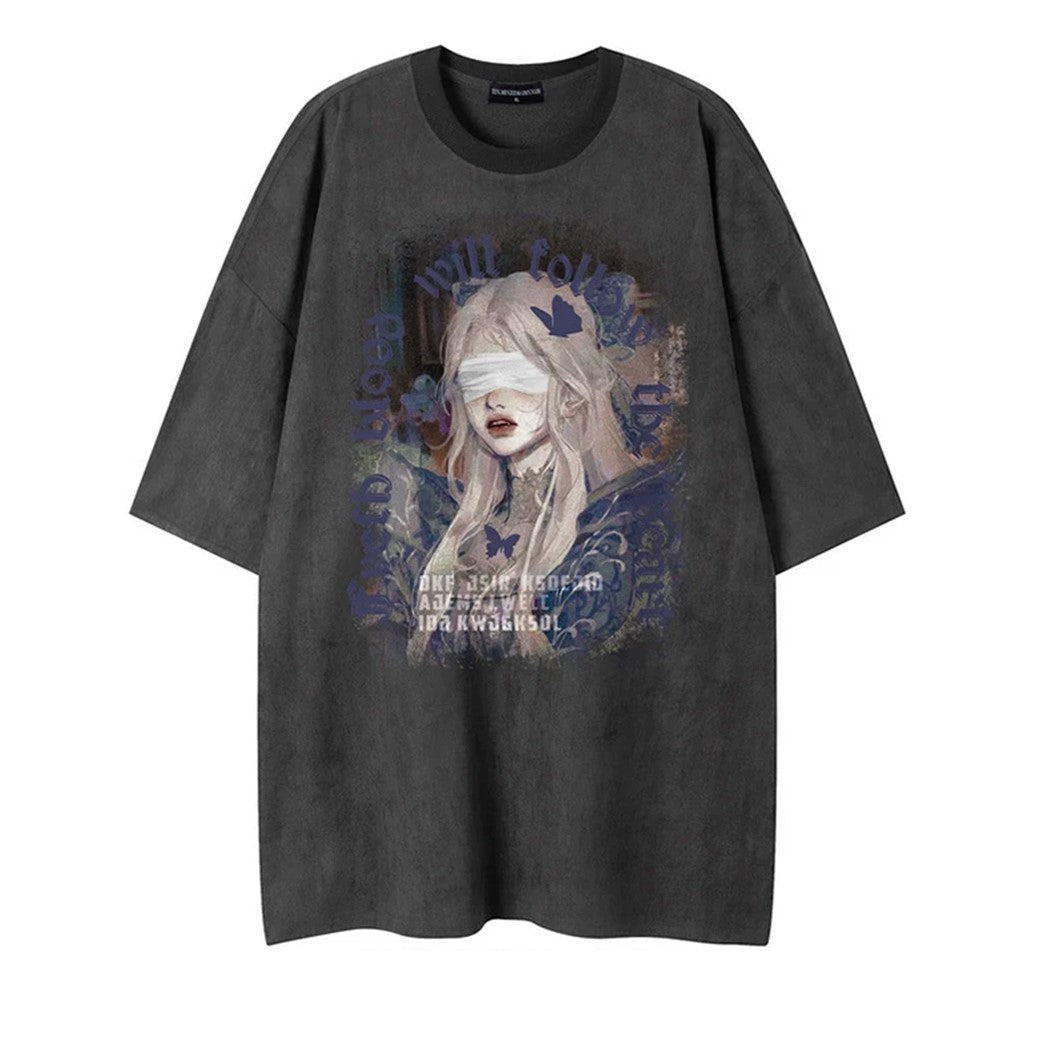 【NIHAOHAO】Girl print oversized repainted design short sleeve T-shirt  NH0144